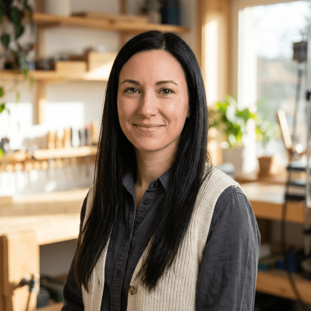 Angela Moretti, salon owner, smiling in her Toronto studio