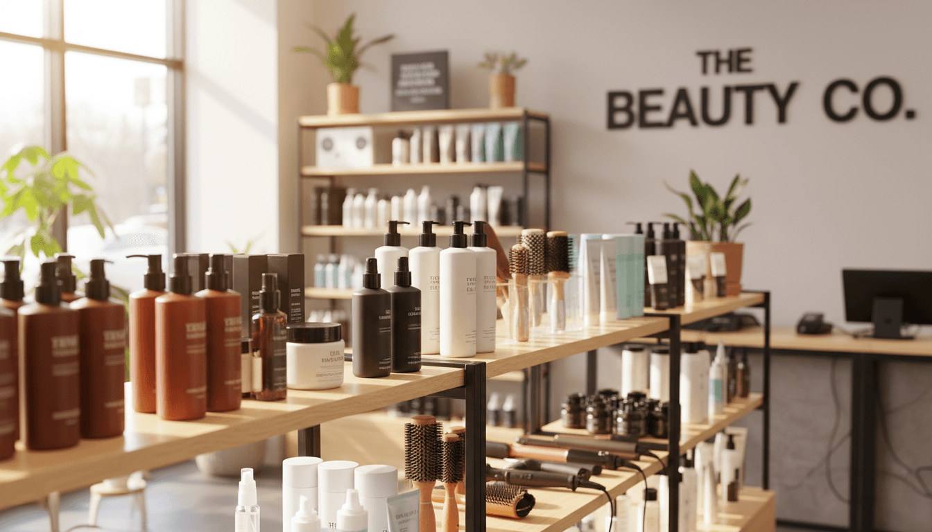 Shelves stocked with hair care products and styling tools in a Toronto beauty supply store