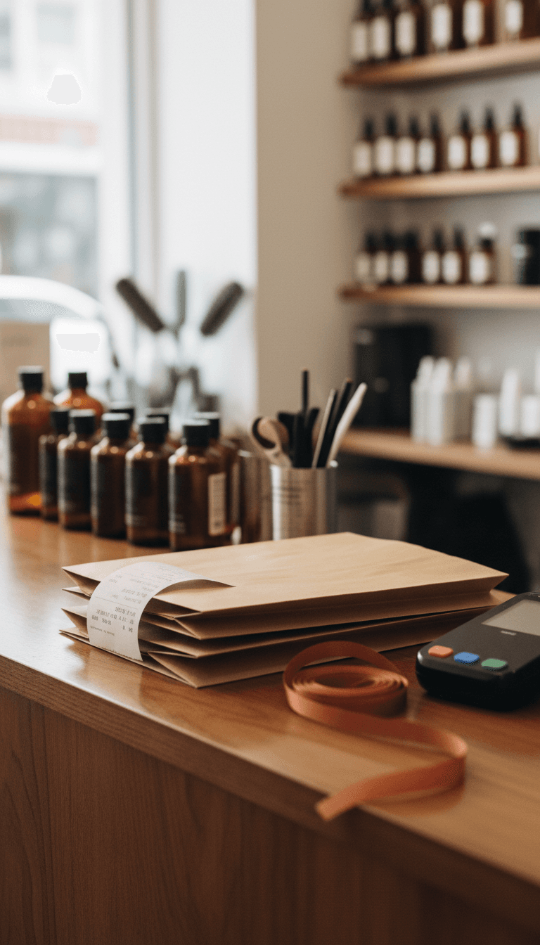 Brown paper bags with a receipt ready for pickup at a Toronto hair supply counter